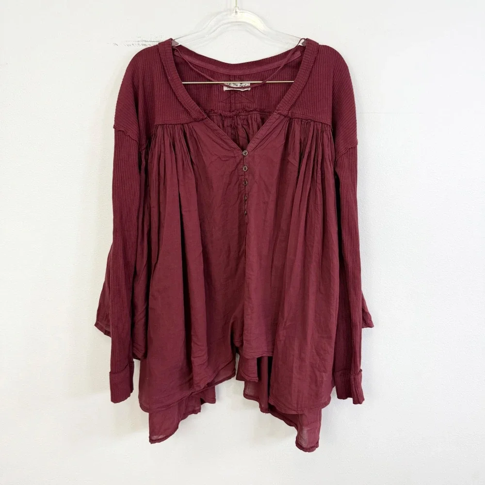 Free People Lyrical Tunic Burgundy Ribbed Long Sleeve Top Extra Small